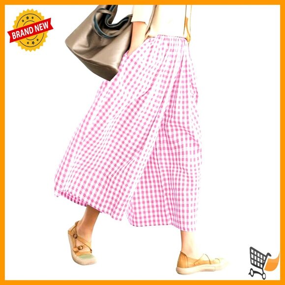 Pants - Wide Leg Capri Pants Cotton Gingham Plaid Culottes Elastic Waist Palazzo